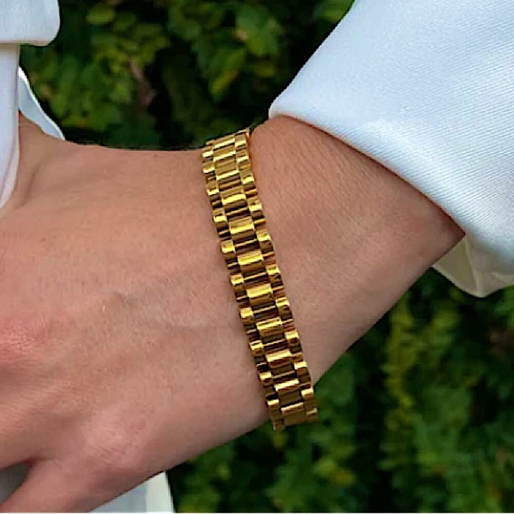 Gold Watch Link Bracelet Stainless Steel 18k Gold Plated - Picture 4 of 6